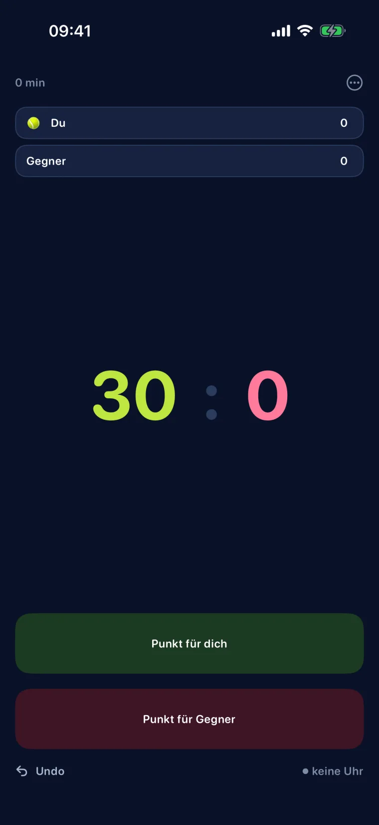 PadelTap on iPhone: scoring screen showing 30:0 with two large tap zones