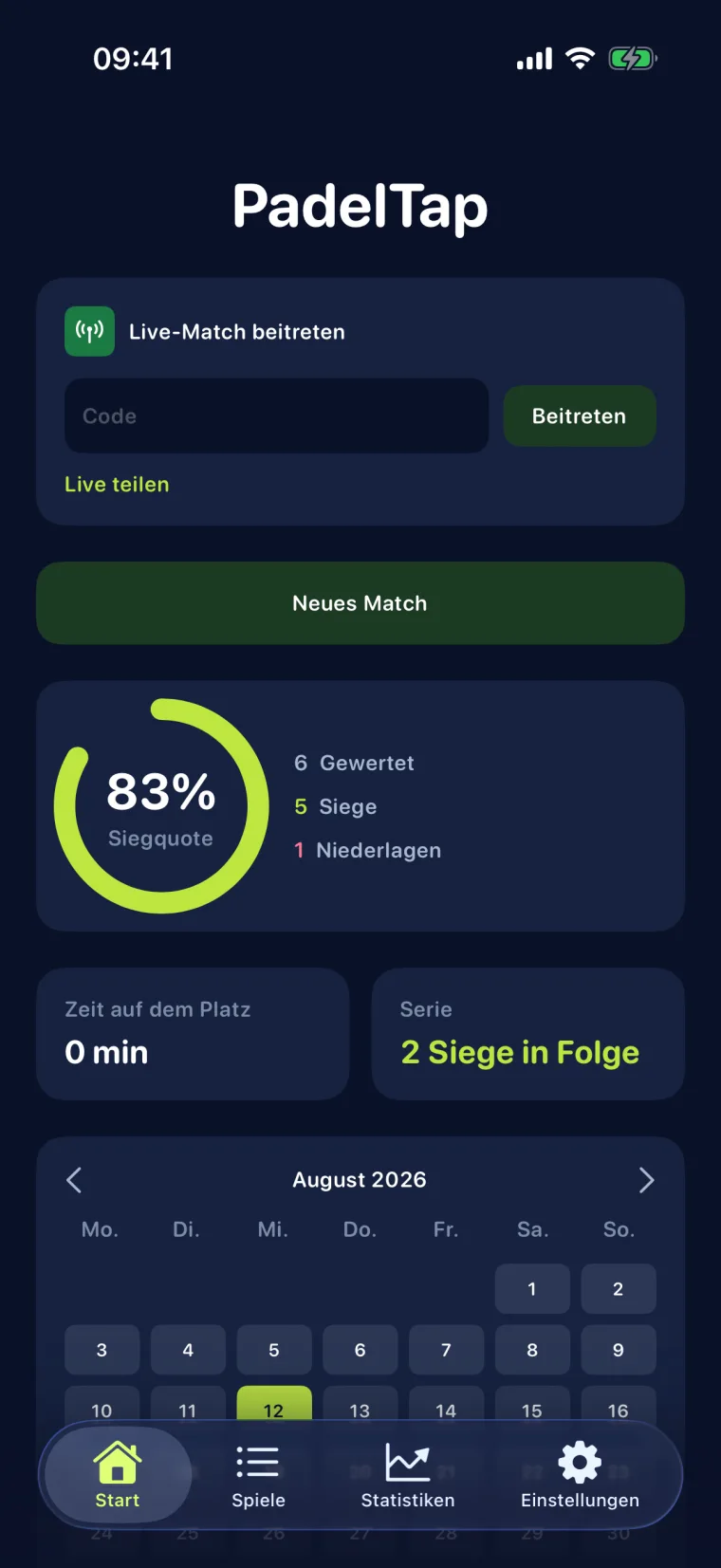 PadelTap on iPhone: home screen with win rate, time on court and a calendar of match days