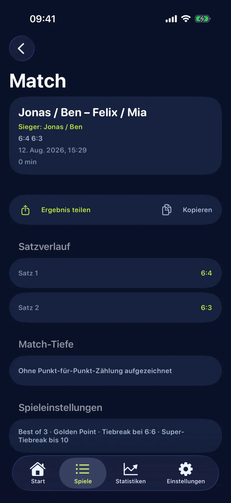 PadelTap history: match detail with the set-by-set score and the rules played